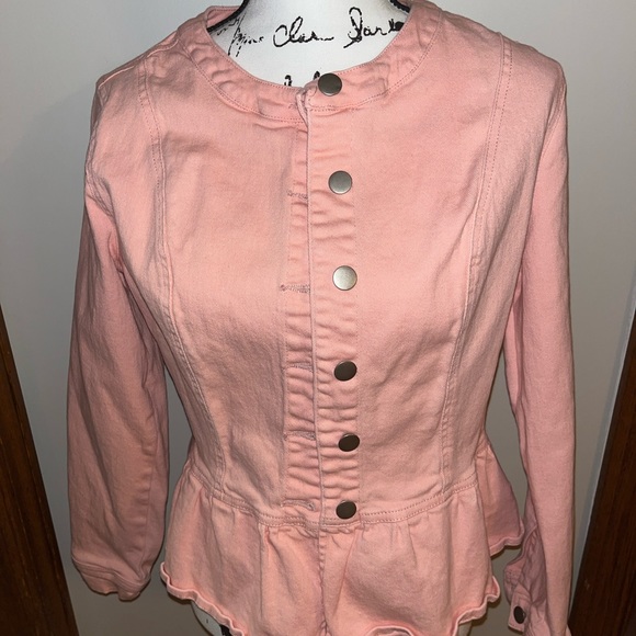 Unique Bargains Women's Button Down Cropped Ruffle Hem Denim Jacket S Light Pink - Picture 3 of 4
